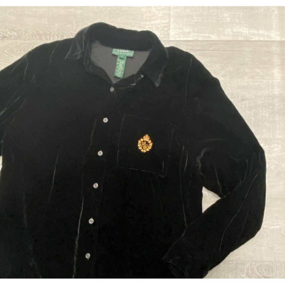 Ralph Lauren Shirt BLACK CRUSHED Velvet CRESTED Button silk blend Oversized sm